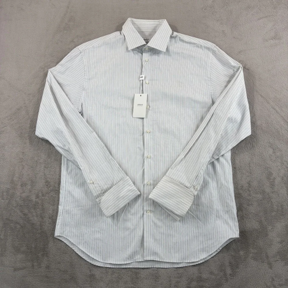 Armani Collezioni French Cuff Shirt in White Grey Striped Large 42 16.5 NWT